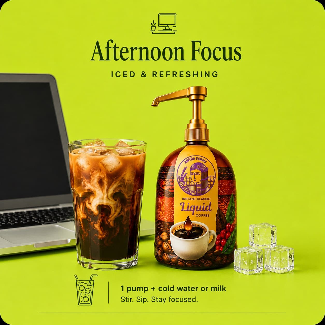 Afternoon Focus — iced & refreshing · 1 pump + cold water or milk